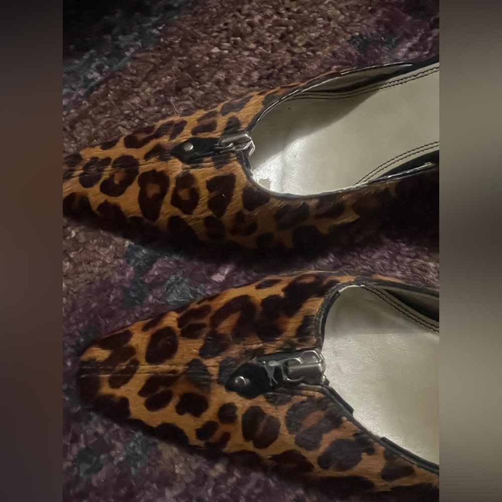 Gorgeous Dark Brown Leopard Pointed-Toe 3 1/2” Heeled Mules Calf Hair Leather - Picture 11 of 13